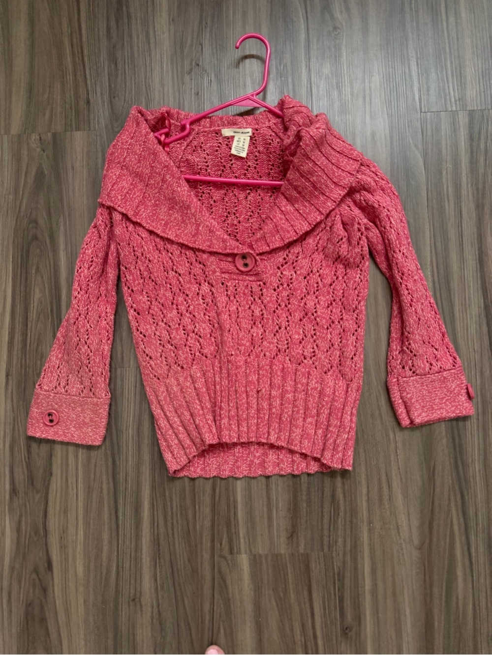 DKNY Vtg Raspberry Pink Cotton Blend Open-Knit Shawl-Collar Sweater Medium
